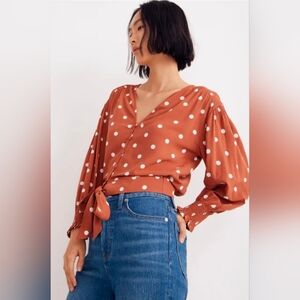Madewell Women’s Tie Front Top In Dot Weathered Brick Long Sleeve 16